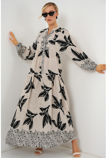 2423 Otantik Desenli Tesettür Elbise