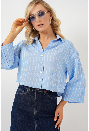 Kadın Çizgili Oversize Kısa Gömlek 20326