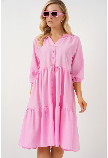 Kadın Düğmeli Kısa Kol Elbise 2559