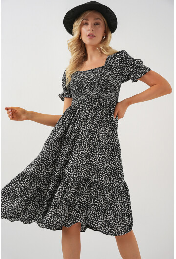 Kadın Kısa Kol Çiçekli Elbise 2556