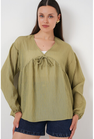 Kadın Önü Bağcıklı Uzun Kol Bluz 946