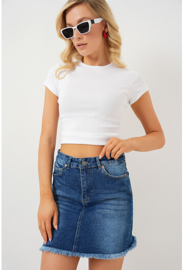 Kadın Püsküllü Mini Kot Etek 8051