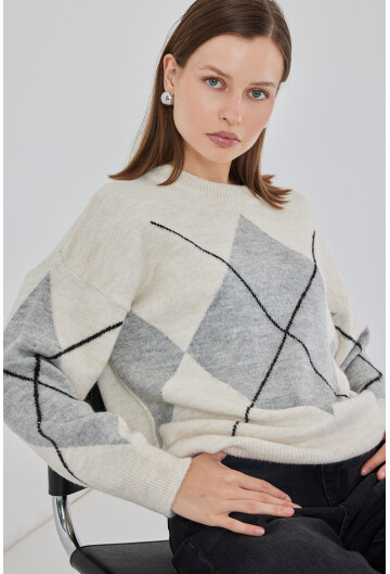 15895 Baklava Desenli Oversize Triko Kazak