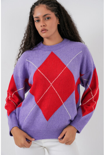 15895 Baklava Desenli Oversize Triko Kazak