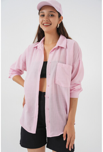 20153 Tek Cepli Oversize Keten Gömlek