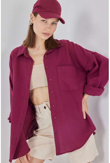 20153 Tek Cepli Oversize Keten Gömlek