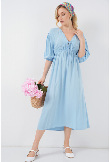 2570 Kadın Beli Büzgülü V Yaka Elbise