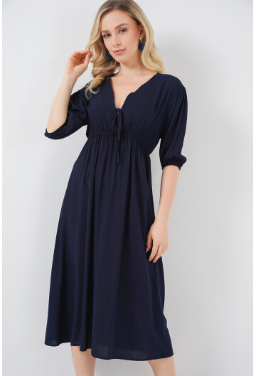 2570 Kadın Beli Büzgülü V Yaka Elbise
