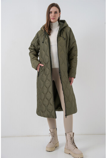 5177 Kapüşonlu Uzun Kapitone Mont