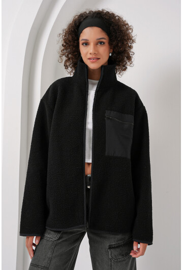 55446 Fermuarlı Oversize Peluş Ceket