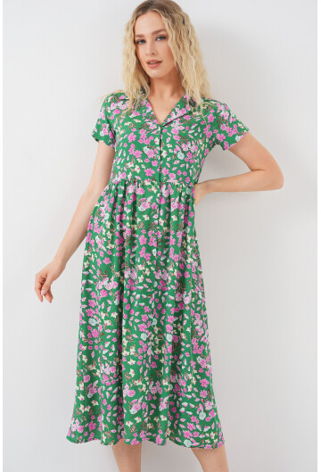 Kadın Boydan Düğmeli Kısa Kol Çiçekli Elbise 2561
