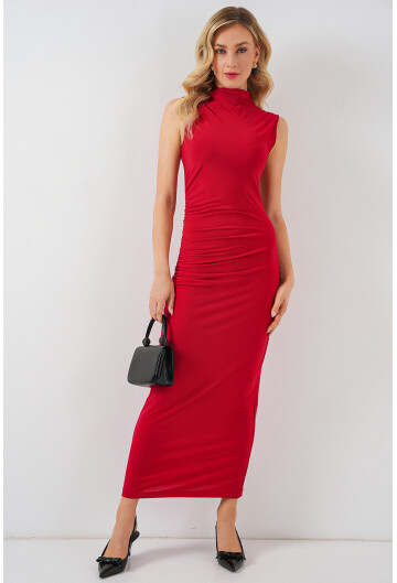 Kadın Büzgülü Sıfır Kol Drapeli Elbise 2579