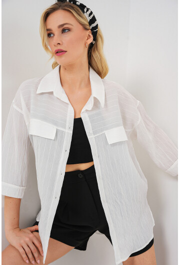 Kadın Cep Detaylı Kısa Kol Gömlek 20317