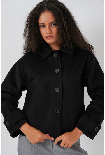 Kadın Cepli Kruvaze Uzun Kollu Kısa Kaşe Ceket 0724