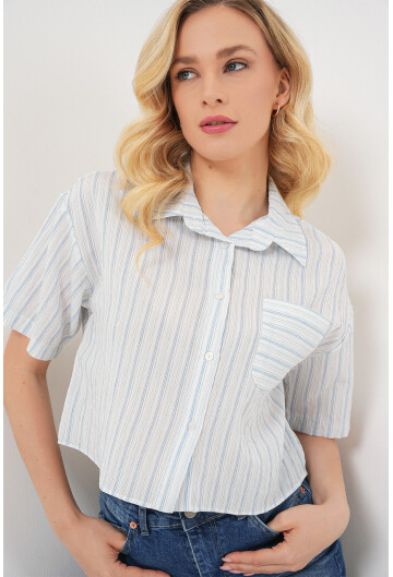 Kadın Çizgili Crop Gömlek 20342