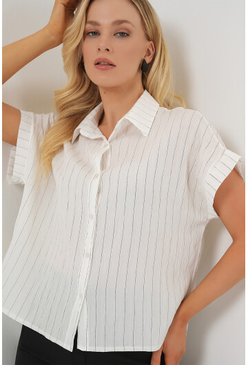 Kadın Çizgili Kısa Kol Gömlek 20327
