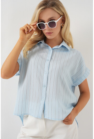 Kadın Çizgili Kısa Kol Gömlek 20327