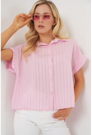 Kadın Çizgili Kısa Kol Gömlek 20327