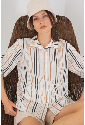 Kadın Çizgili Kısa Kol Gömlek 20345