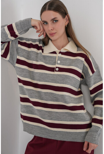 Kadın Çizgili Polo Yaka Triko Kazak 15952