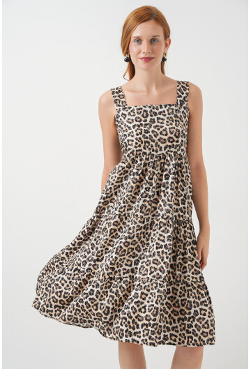 Kadın Desenli Askılı Midi Elbise 2577