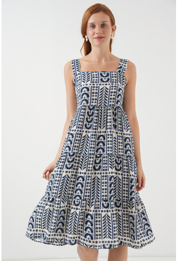 Kadın Desenli Askılı Midi Elbise 2577