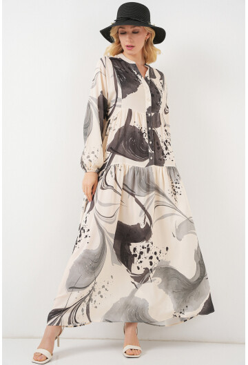 Kadın Desenli Uzun Tesettür Elbise 2585