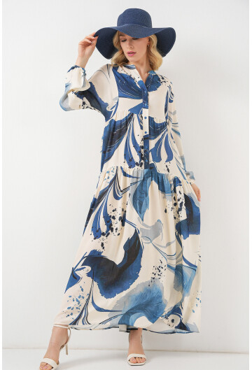 Kadın Desenli Uzun Tesettür Elbise 2585