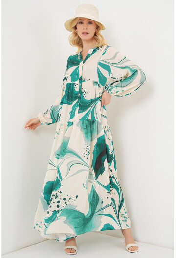 Kadın Desenli Uzun Tesettür Elbise 2585