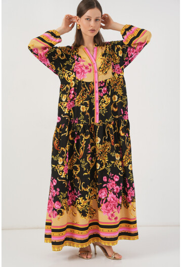 Kadın Desenli Uzun Tesettür Elbise 2585