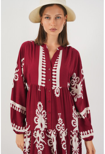 Kadın Desenli Uzun Tesettür Elbise 2585