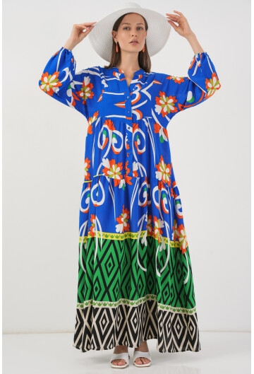 Kadın Desenli Uzun Tesettür Elbise 2585