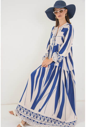 Kadın Desenli Uzun Tesettür Elbise 2585