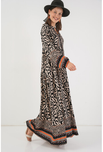 Kadın Desenli Uzun Tesettür Elbise 2585