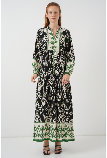 Kadın Desenli Uzun Tesettür Elbise 2585