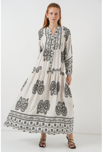 Kadın Desenli Uzun Tesettür Elbise 2585