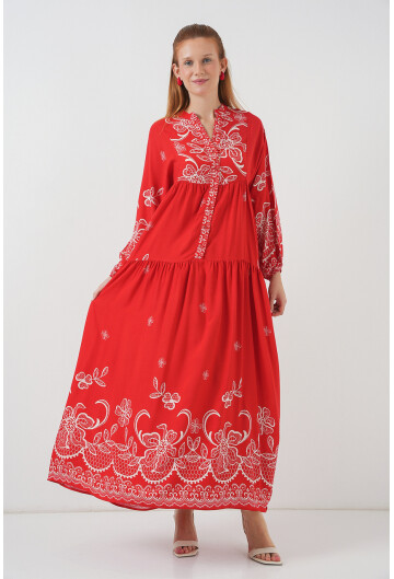 Kadın Desenli Uzun Tesettür Elbise 2585