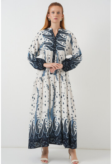 Kadın Desenli Uzun Tesettür Elbise 2585