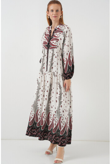 Kadın Desenli Uzun Tesettür Elbise 2585
