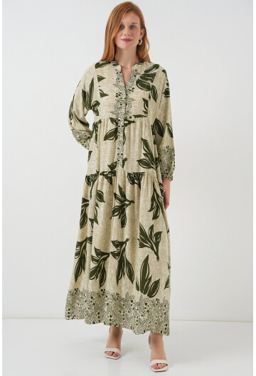 Kadın Desenli Uzun Tesettür Elbise 2585