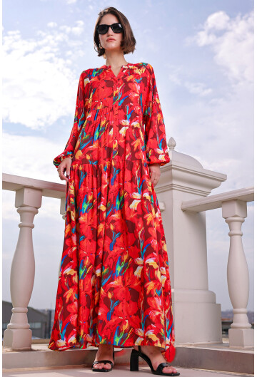 Kadın Desenli Uzun Tesettür Elbise 2585