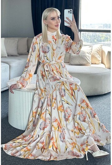 Kadın Desenli Uzun Tesettür Elbise 2586