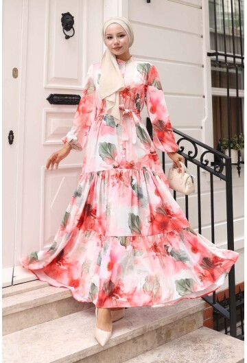 Kadın Desenli Uzun Tesettür Elbise 2586