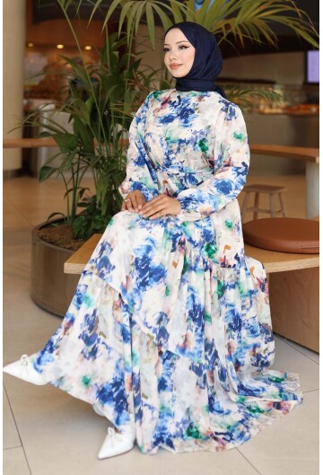 Kadın Desenli Uzun Tesettür Elbise 2586