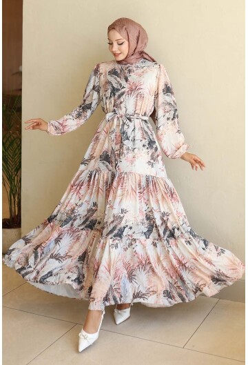 Kadın Desenli Uzun Tesettür Elbise 2586