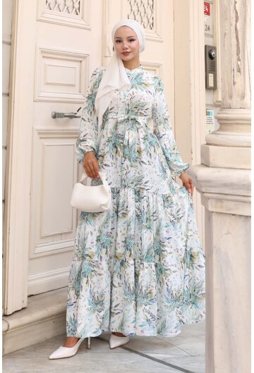 Kadın Desenli Uzun Tesettür Elbise 2586