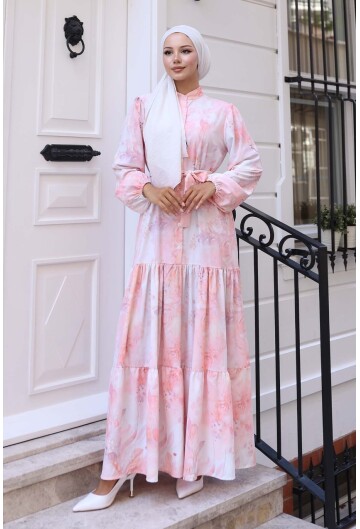 Kadın Desenli Uzun Tesettür Elbise 2586