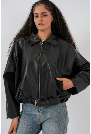 Kadın Kemer Detaylı Deri Ceket 1056