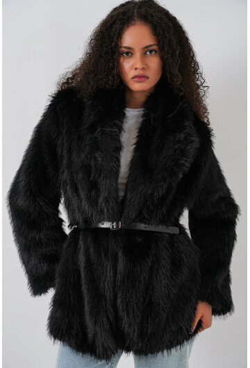 Kadın Kemerli Oversize Kürklü Kaban