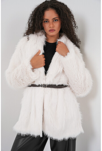 Kadın Kemerli Oversize Kürklü Kaban